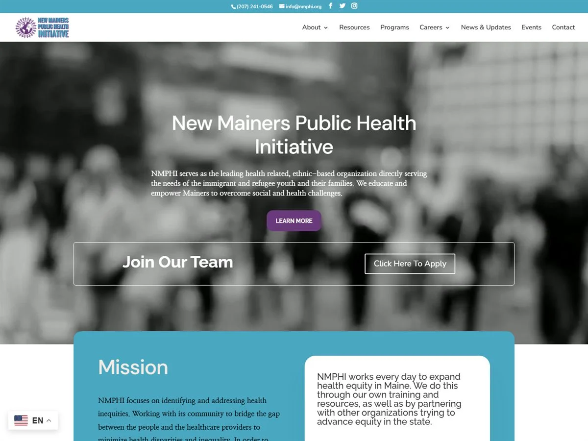 New Mainers Public Health Initiative website homepage with the mission statement and a Join Our Team banner