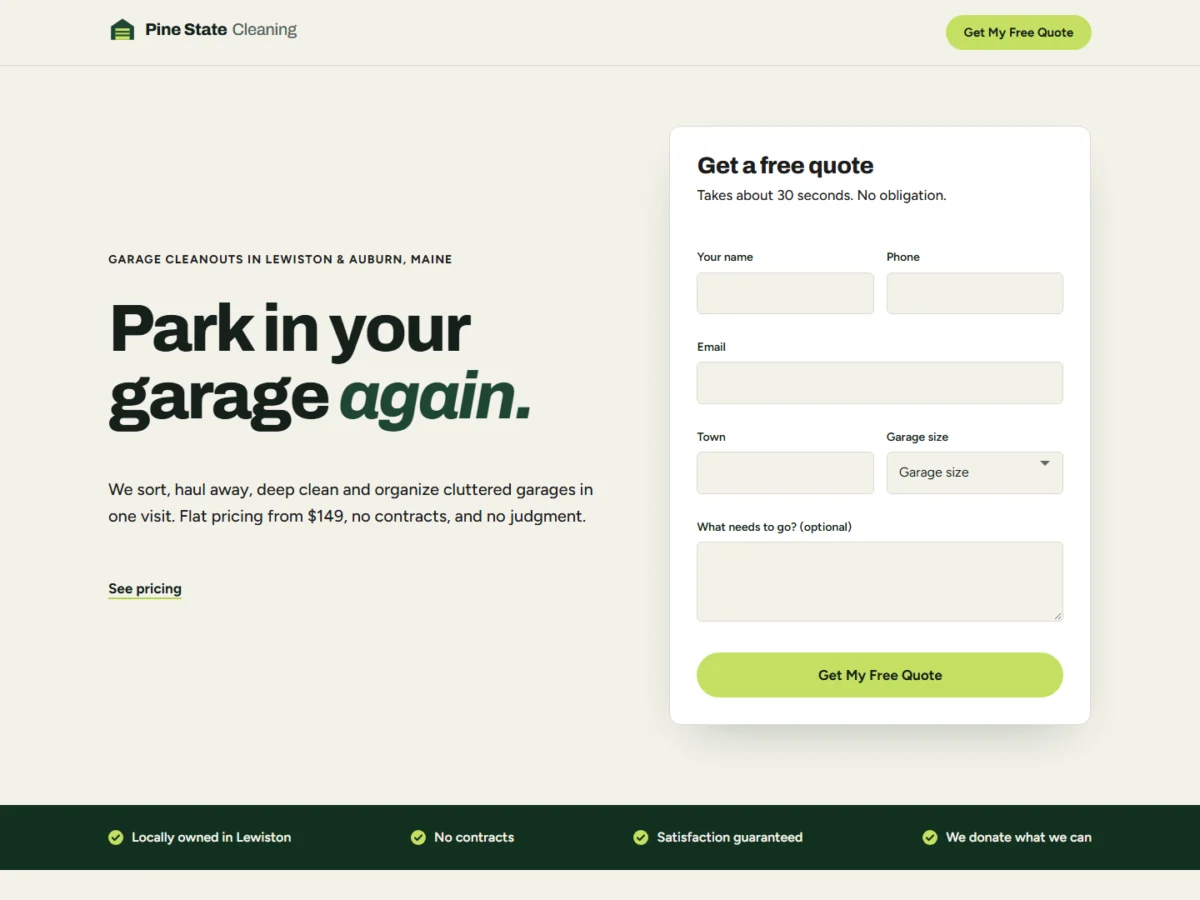 Pine State Cleaning website homepage with the headline Park in your garage again and a free quote form