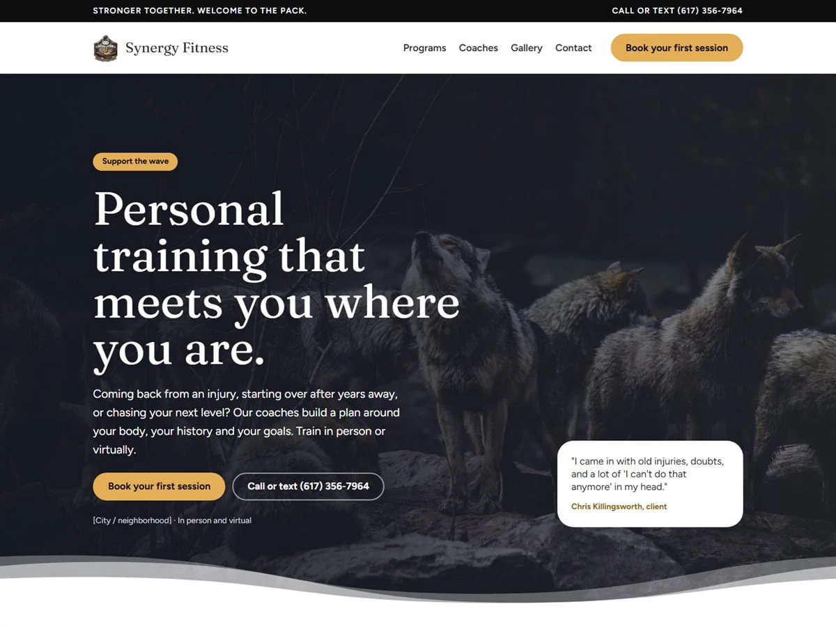 Synergy Fitness website homepage with the headline Personal training that meets you where you are